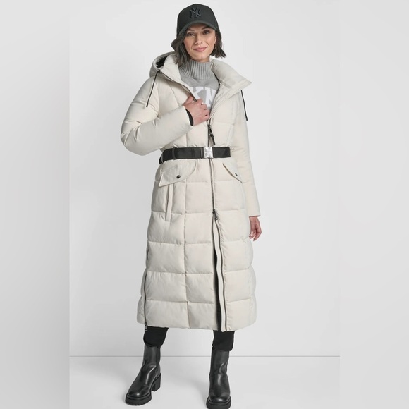 ❄️ NWT DKNY Cream Long Heavyweight Bomber Puffer Parka Down Filled Coat Jacket - Picture 2 of 9